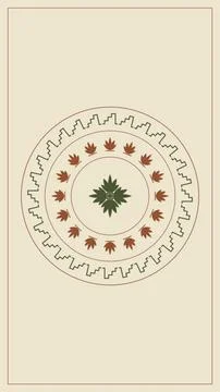 A centered botanical mandala features layered rust leaves, green geometric .. Stock Illustration