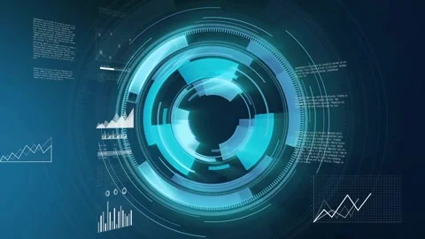 Centered circular HUD receiving data pulse, rotating rings, revealing charts, Stock Footage 329751025