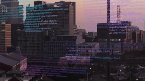 Centered city skyline receiving scrolling code overlay as twilight shifts, Stock Footage 332282010