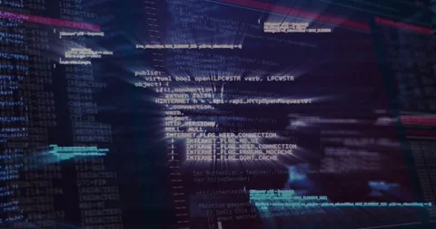 Centered code block scrolling upward in cyber HUD, white box appearing, Stock Footage 330379446