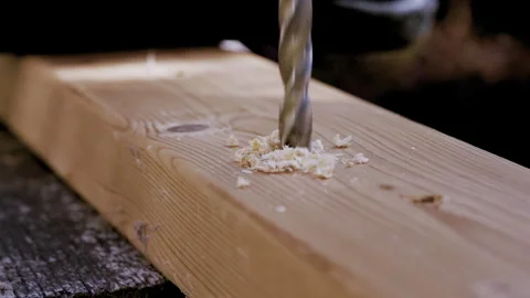 Centered Drill Bit on Untouched Wood Video stock 307939019