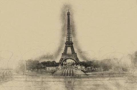 Centered Eiffel Tower in charcoal on brown paper Stock Illustration
