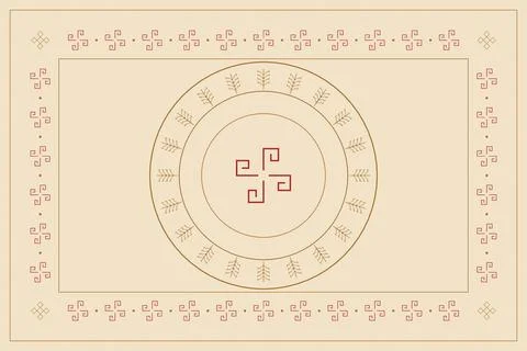 A centered folk emblem is surrounded by circular wheat-like marks and a str.. Stock Illustration