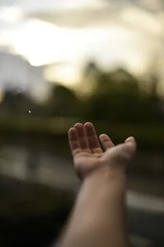 Centered hand catching sunlit raindrops during a gentle spring shower Stock Photos