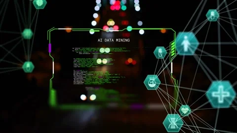 Centered HUD fading into frame, revealing scrolling code and hex network, Stock Footage 333631660