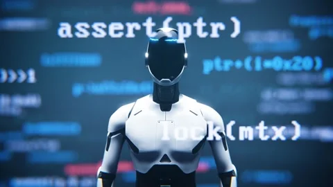 Centered humanoid robot assistant with digital code loop. Stock Footage 347388497