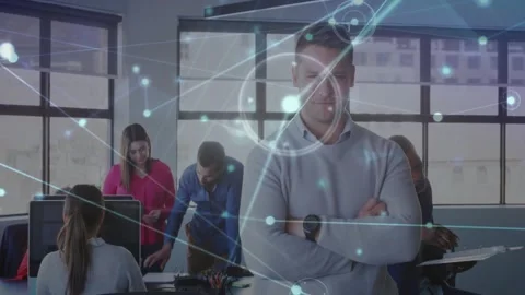 Centered man leading business team, woman tapping phone causing node overlay Video stock 333833086