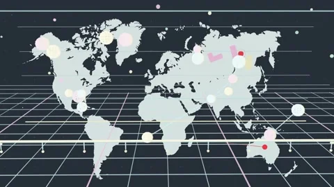 Centered map coming, grid rising, markers pulsing, red pins dropping, linking, Stock Footage 335637255