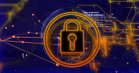 Centered padlock appearing driving globe rotating, network linking code Stock Footage 311454919