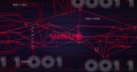 Centered red VIRUS node pulsing after scan pulse, spreading mesh, binary strings Stock Illustration