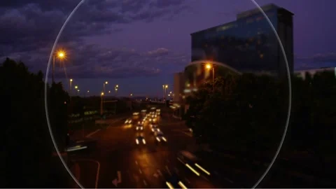 Centered ring appearing over city road at dusk, animating ticks, pulsing Stock Footage 332772495
