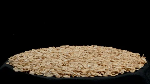 Centered Rotating Circular Rolled Oats on Black Background. Видео 333043724