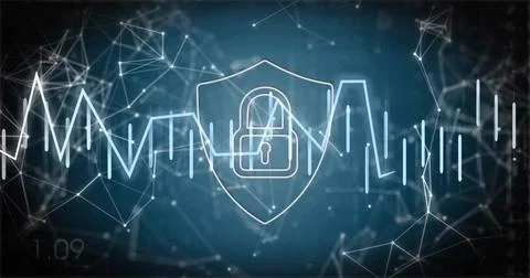 Centered shield steady in security, nodes glowing causing waveform spikes Stock Illustration