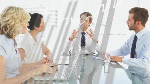 Centered speaker starting, gesturing in business meeting, animating bar charts Stock Footage 335651847