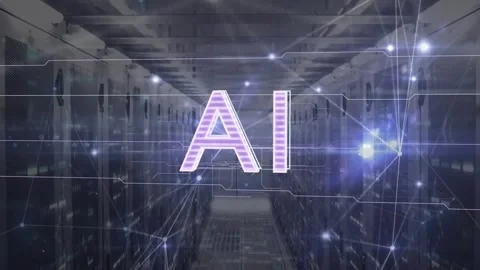 Centered stylized AI letters on node pulse, glowing and sending circuit traces Stock Footage 337579260