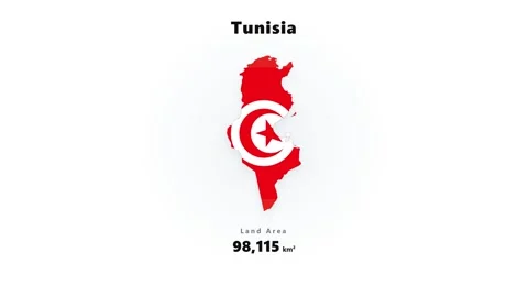 Centered Tunisia map silhouette with red fill, white crescent and star emblem on Stock Footage 345647423