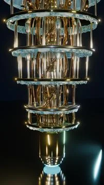Centered Vertical View of Golden Quantum Computer, Vertical 9:16 Photo Stock Photos