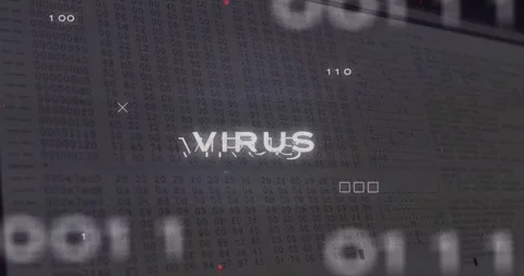 Centered VIRUS alert glitching with sweeping scanlines, cyber circuits signaling Stock Footage 331169454