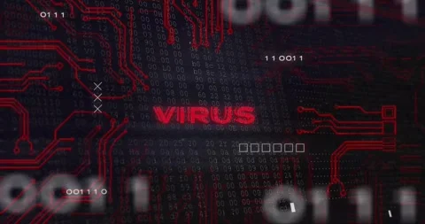 Centered VIRUS label emerging, glitching pulsing, settling while scan noise Stock Footage 329533597