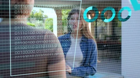 Centered woman tapping tablet starting AR wave growing into charts guiding Stock Footage 333318149