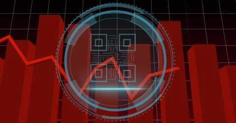 Centering cyan circular HUD with square circuit over grid with red bars, Stock Illustration