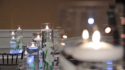 Centerpiece Rack Focus Shot - Decorative Candle Lights At A Wedding Reception Stock Footage 218218465