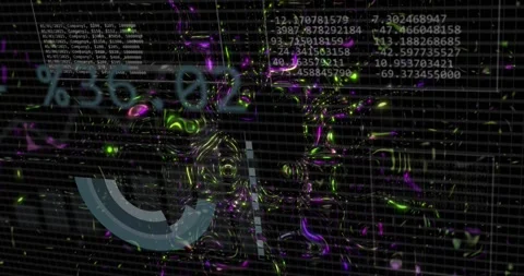 Central 3D cluster forming from hovering tri slice neon mass rippling HUD Stock Footage 328396399
