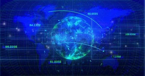 Central 3D globe glowing with triangular grid overlay in virtual interface, with Foto stock