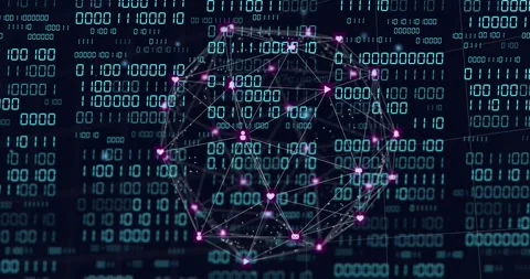 Central 3D wireframe sphere rotating and pulsing after cyan digit shift, showing Stock Footage 329114840