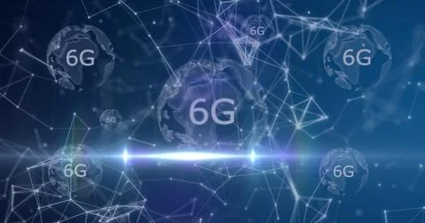 Central 6G globe floating in blue space, with network lines, nodes and Stock Photos