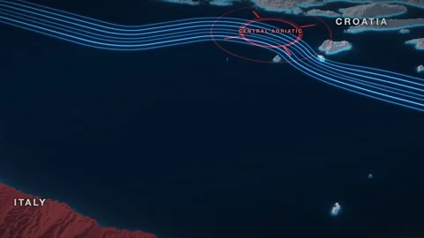Central Adriatic 3D terrain relief map on a near-black sea 스톡 동영상 344547038