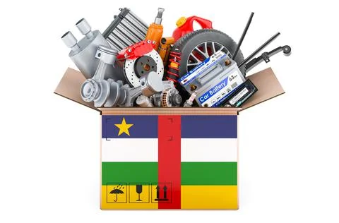 Central African flag painted on the parcel with car parts. 3D rendering Stock Illustration