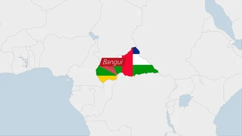 Central African Republic map highlighted in CAR flag colors and pin of countr Stock Footage 125782499