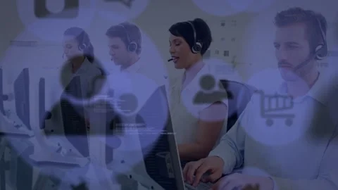 Central agent adjusting headset, speaking, initiating overlays revealing code, Stock Footage 333145400