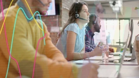 Central agent answering incoming call, handling customer issue while data waves Stock Footage 333019506