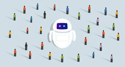 A central AI chatbot surrounded by a diverse crowd of people, illustrating Stock Illustration