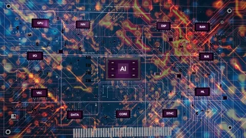 Central AI chip emitting trace, modules popping outward, pulses forming active Stock Footage 337579175