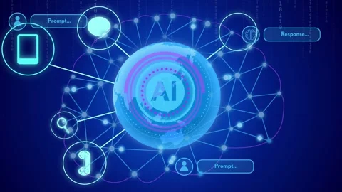 Central AI globe lighting up and forming while icons animating in, linking nodes Stock Footage 334788433