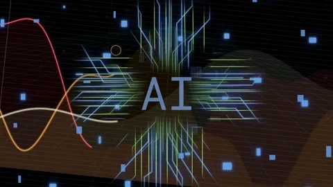 Central AI label and circuit cross reacting to trace glow circuits growing waves Stock Footage 334724885