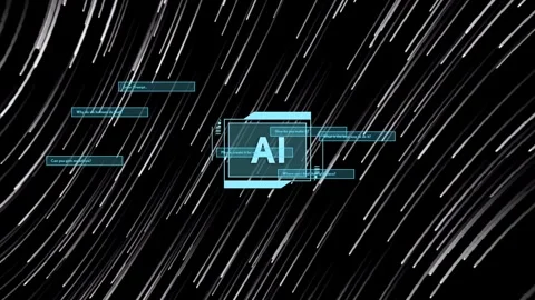 Central AI module appearing, pulsing and exchanging data while teal panels Stock Footage 335651854