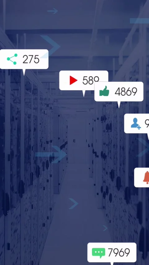 Central aisle past tech racks, blue arrows moving left spawning alert bubbles Stock Footage 332939536