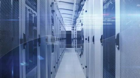 Central aisle showing flanked server cabinets in animated 3D render with digital 動画素材 309103370
