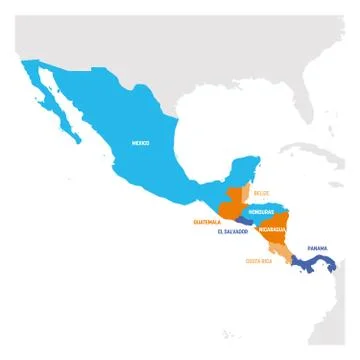 Central America Region. Map of countries in central part of America. Vector Stock Illustration