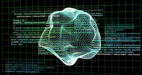 Central aqua point-mesh reacting to data pulse, rotating and deforming to Stock Footage 334463202