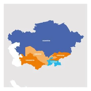 Central Asia Region. Map of countries in central part of Asia. Vector Stock Illustration
