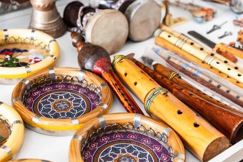 Central Asian percussion and wind musical instruments Stock Photos