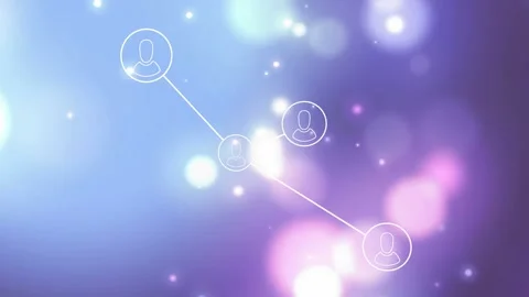 Central avatar animating in purple-bokeh bright glow passing linking right node Vidéo 334337400