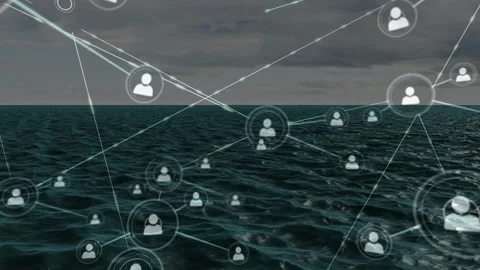 Central avatar appearing, network expanding over ocean, nodes multiplying to Stock Footage 333719859