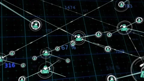 Central avatar extending link, forming node web on grid, numbers shifting, Vídeo Stock 332405089