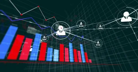 Central avatar growing as camera zooming into finance bar chart, links pulsing Stock Illustration